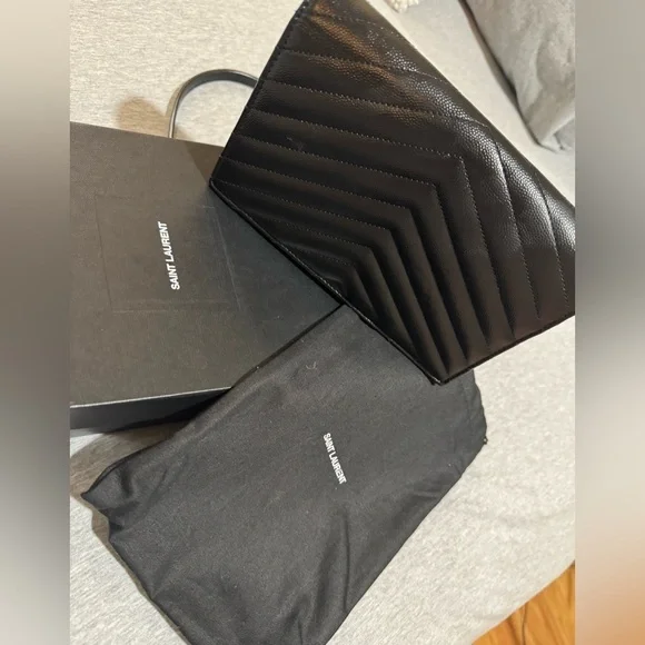 Saint Laurent Cassandre Black Quilted Envelope Leather Chain Wallet Purse - Picture 9 of 11